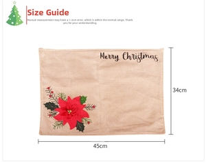 Christmas placemat size chart showing dimensions 45x34cm with festive floral pattern