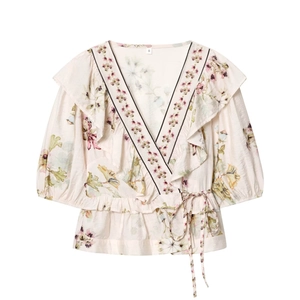 Women's Floral Wrap Blouse V-Neck Puff Short Sleeve Ruffle Peplum Top With Waist Tie Casual Sweet Print Polyester
