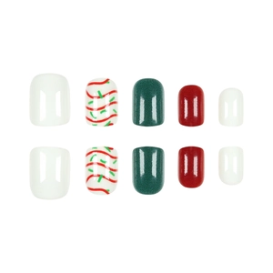 Short square Christmas press-on nails set with festive red, green and white ribbon designs