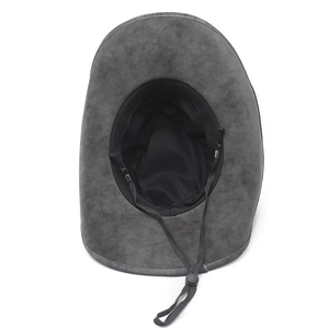Detail of dark grey cowboy hat featuring inner lining and adjustable chin strap