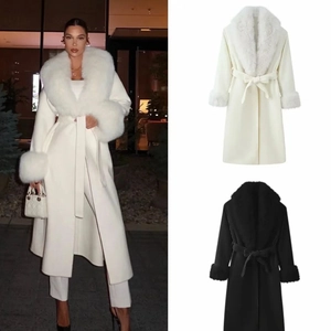 Damen Langer Wollmantel Mit Kunstpelzkragen Und Bündchen Taillengürtel Eleganter Einfarbiger Wintermantel Für Frauen