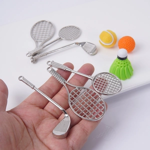 Miniature silver metal tennis racket and golf club keychain pendants with sports balls
