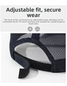 Detail of adjustable hook-and-loop strap on breathable navy mesh sports baseball cap