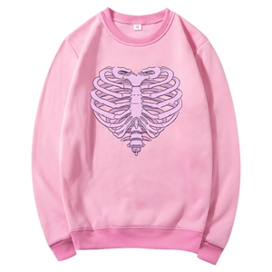 Pink fleece hoodie with purple heart rib print and drawstring hood on white background