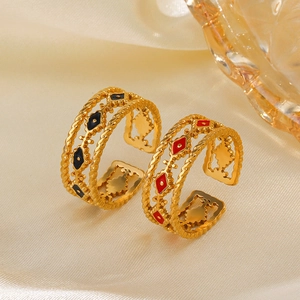 Bohemian gold plated open rings with colorful enamel eyes and woven hollow texture