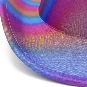 Macro view of iridescent rainbow fabric texture and fine stitching on the cowboy hat