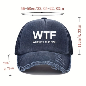 Distressed blue denim mesh trucker hat with WTF WHERE'S THE FISH print for men and women