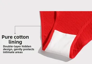 Détail de la doublure en coton et de l'entrejambe double couche de la culotte rouge côtelée