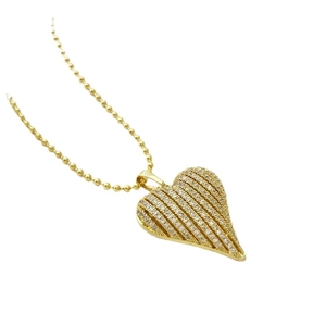 Gold heart pendant necklace with micro-pave cubic zirconia and striped design on bead chain