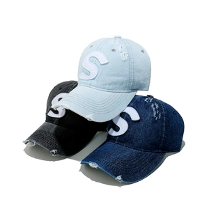 Distressed Denim Baseball Cap S-Buchstaben-Aufnäher Baumwolle Kaputt Vintage Sonnenschutz Verstellbar Retro Streetwear Hut