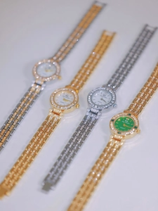 Detail view of quartz watches featuring rhinestone bezels in gold, silver and mixed tones