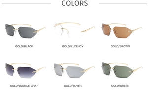 Grid display of rimless sunglasses in six colors with gold metal frames and varied lenses