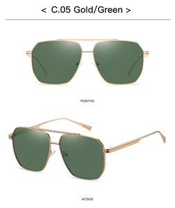 Close-up of gold pilot sunglasses with green polarized lenses from multiple viewing angles