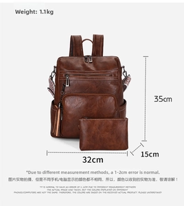 Detailed view of vintage brown PU leather backpack with tassel zip and ethnic straps