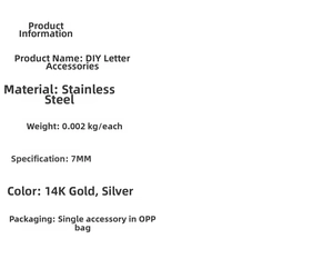 Detailed product specifications for DIY stainless steel alphabet charms including material and size.