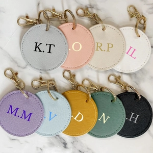 Round PU Leather Keychain Pendant With Gold Metal Ring Lobster Clasp Saffiano Texture Bag Hanging Charm Accessory