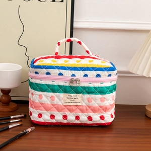 Quilted Cotton Makeup Bag Stripe Polka Dot Travel Cosmetic Organizer Pouch Zipper Storage Case For Women Girls