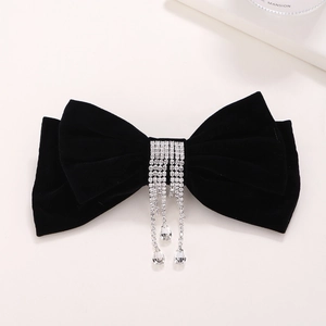 Black velvet bow hair clip with sparkling rhinestone tassels and teardrop crystal pendants