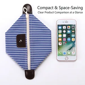 Blue striped waterproof makeup bag with brown leather trim and zipper closure