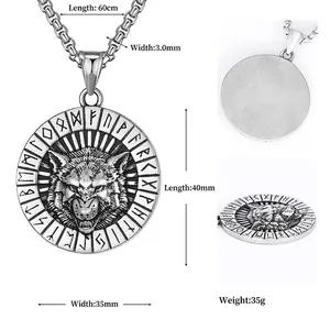 Viking wolf head pendant necklace with rune circle and 60cm square pearl chain