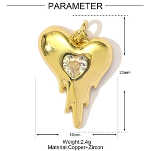 Lava heart pendant in gold finish, 23mm by 15mm copper zircon jewelry detail