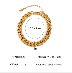 Detail of 18K gold PVD plated stainless steel Cuban link bracelet with 18.5+5cm size info