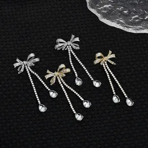 Elegant Long Tassel Bow Stud Earrings Copper Cubic Zirconia With 925 Sterling Silver Earring Post Water Drop Pendant