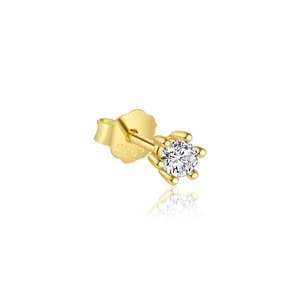 Detailed side view of a gold S925 sterling silver stud earring with clear zircon and butterfly back