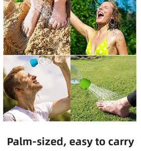 Portable silicone bottle shower head for outdoor pet cleaning and beach use in blue and green