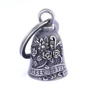 Vintage motorcycle guardian bell pendant with embossed rose and Biker Betty script