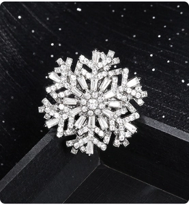 Macro shot of silver snowflake brooch with intricate rhinestones on a black background