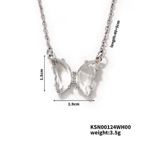 Close-up of butterfly pendant with pavé crystals and dimensions 1.5x1.9cm on silver chain