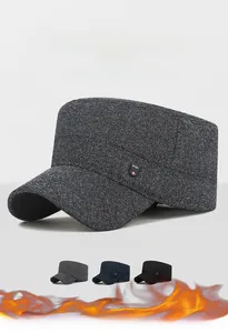 Detail of winter thermal flat top cap for men featuring knit texture and SPORT emblem