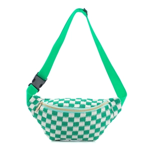 Detail of green and white checkerboard waist bag with adjustable nylon strap and gold zipper