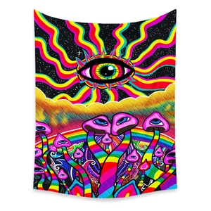Close-up of psychedelic mushroom tapestry with a central eye and colorful rainbow stripes