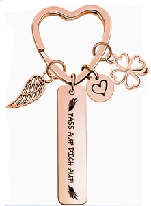 Porte-clés or rose avec aile d'ange trèfle et gravure allemande Pass auf dich auf