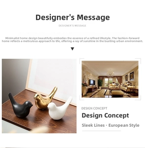 Detailed view of modern ceramic bird figurines in black, gold and white glossy finish