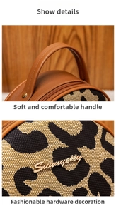 Detail of leopard print fabric texture and brown leather strap with gold hardware