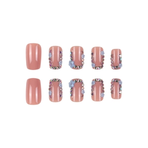 Short square press-on nails set with soft nude base, blue 3D flowers and colorful rhinestones