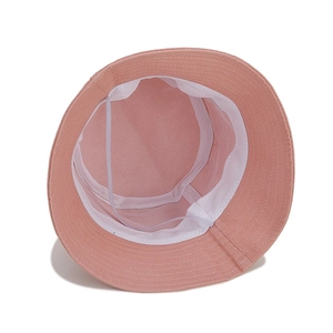 Pink kids bucket hat with breathable white mesh lining and adjustable windproof strap