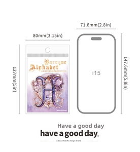 Detailed size guide of Baroque Alphabet PET stickers showing 80x127mm packaging dimensions