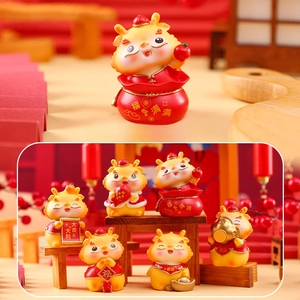 Detail of 6 dragon resin figurines set featuring one hidden and five regular styles