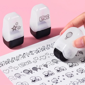 Cartoon animal roller stamp for DIY planners with decorative patterns and pink background