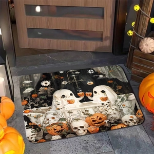 Close-up of Halloween diatom mud mat featuring ghosts, pumpkins and skull on wood floor