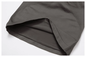 Macro detail of dark grey seamless yoga set showing high-stretch rib knitting and stitching