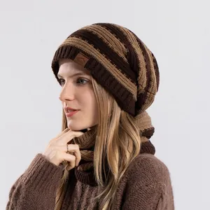 Winter striped knit beanie and scarf set with fleece lining and leather sport patch