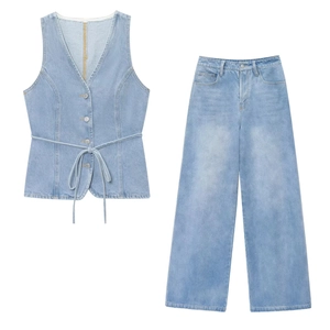 Gilet En Jean Et Pantalon Large Femme Col V Sans Manches Boutonné Taille Nouée Streetwear Décontracté Lavage Bleu Clair