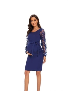Abito premaman blu navy con maniche in rete floreale e fiocco in vita per donne