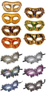 Detailed grid of Halloween masquerade eye masks in assorted lace and bronzing gold patterns