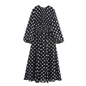 Polka Dot Maxi Dress Chiffon Long Sleeve Square Neck High Waist Pleated Elegant Retro Party Long Dress For Women